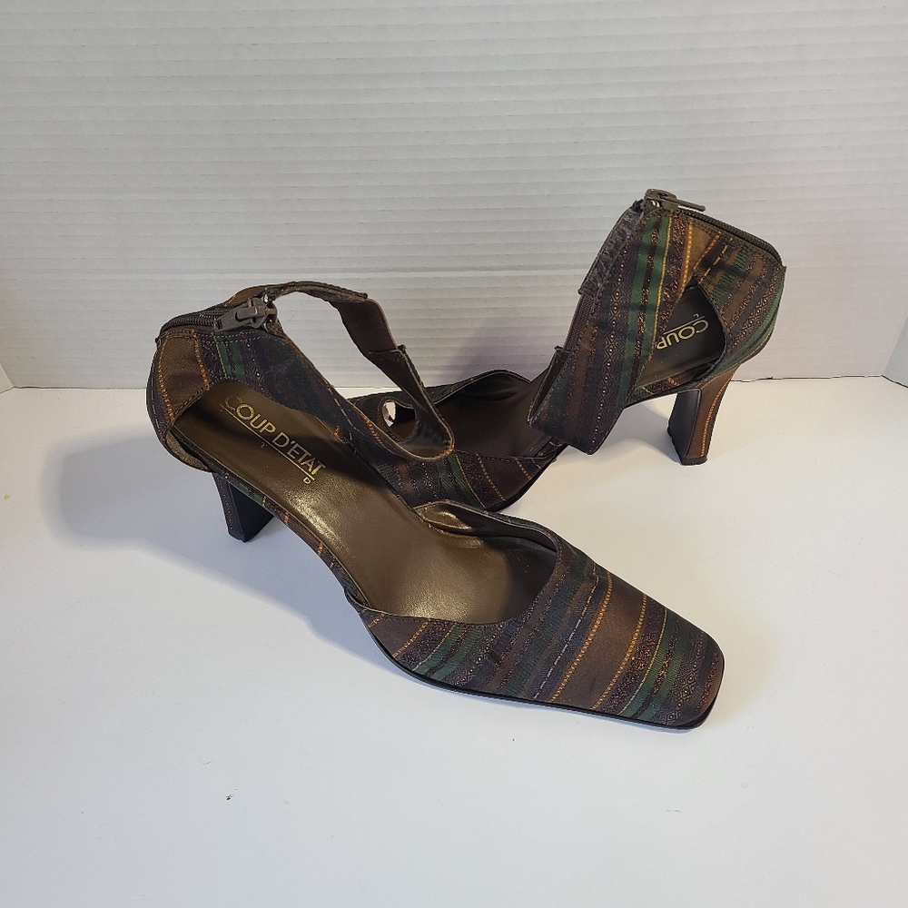 VNTG 90s Y2K Coup D'ETAT Fabric Pumps Ankle Strap Brown Green Stripe Size 8.5 US